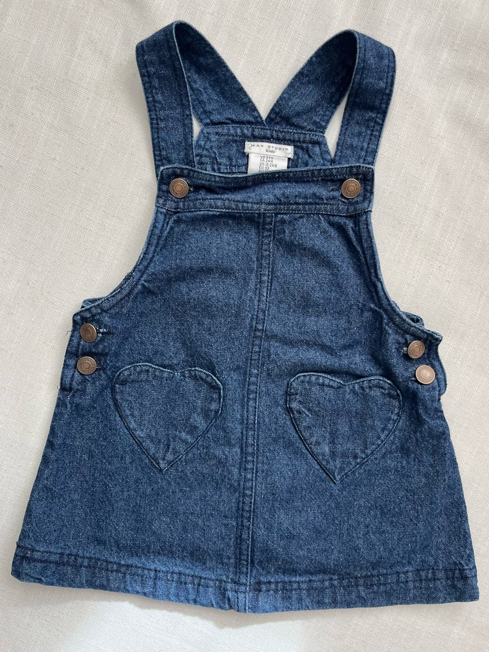 Max Studio Girls Dark Blue Denim Overalls Dress with Heart Pockets 24m.